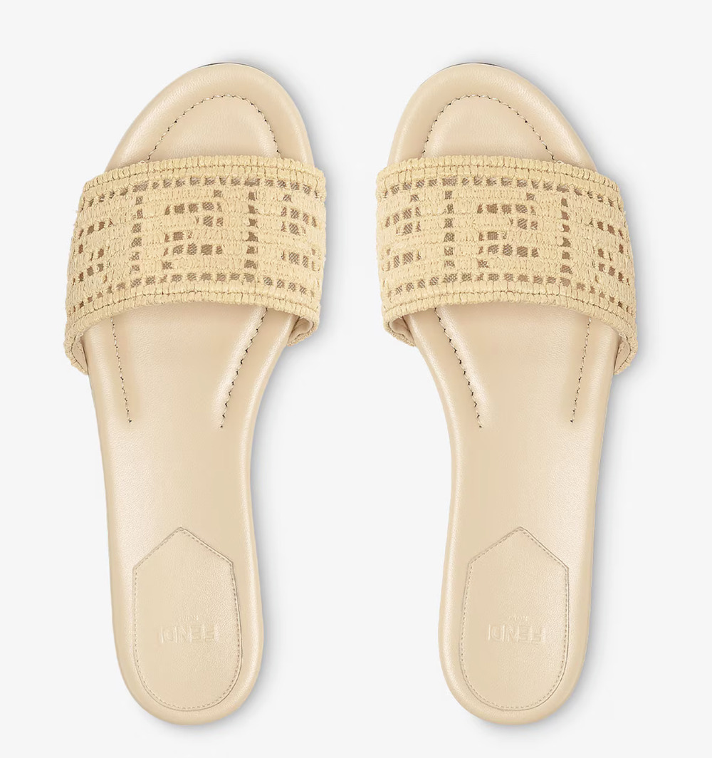 Fendi Sunshine Nude Beige Raffia FF Monogram Logo Mule Slide Flat Sandal 36.5